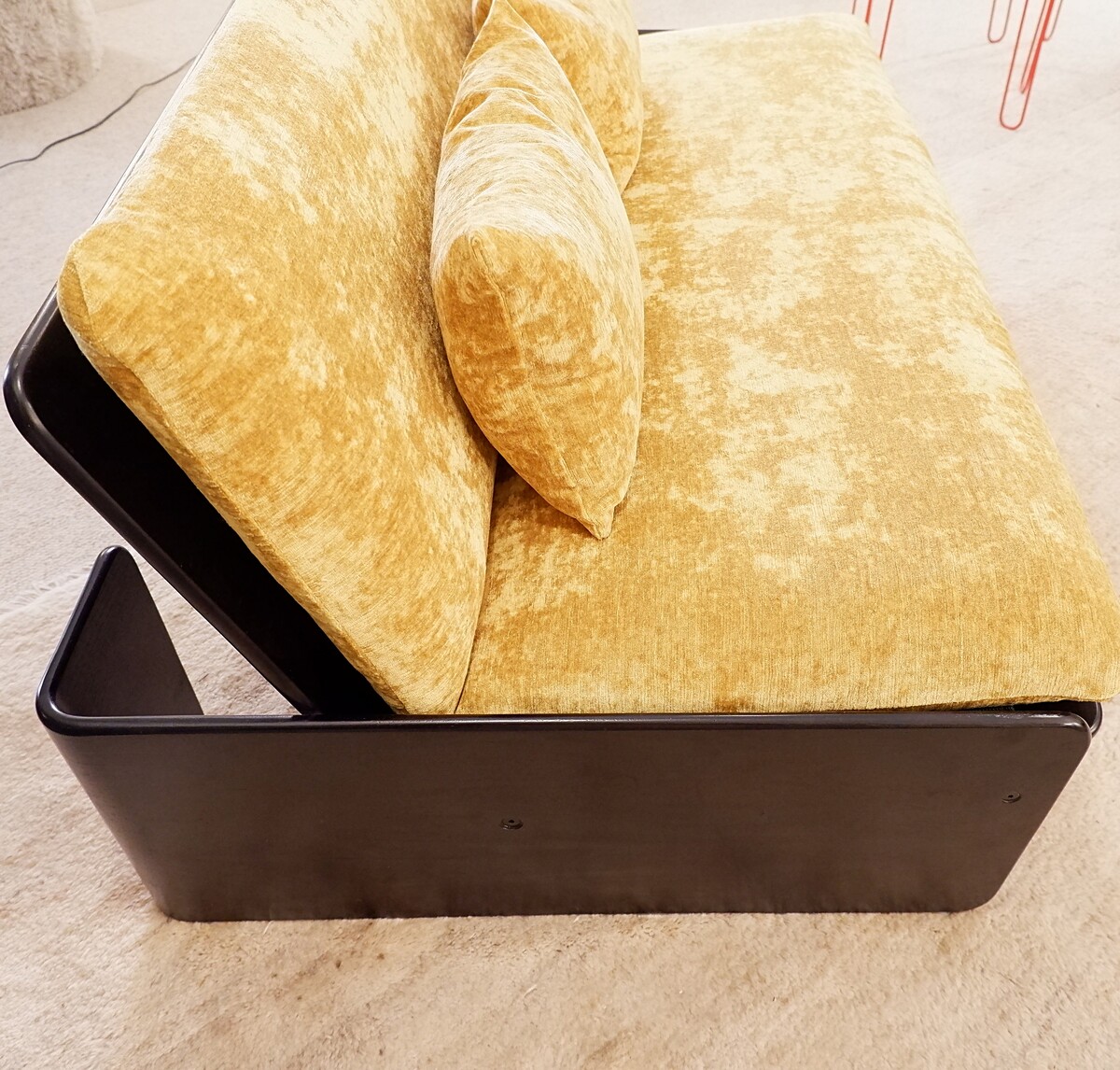 Italian sofa with black lacquered frame and new textured gold velvet upholstery