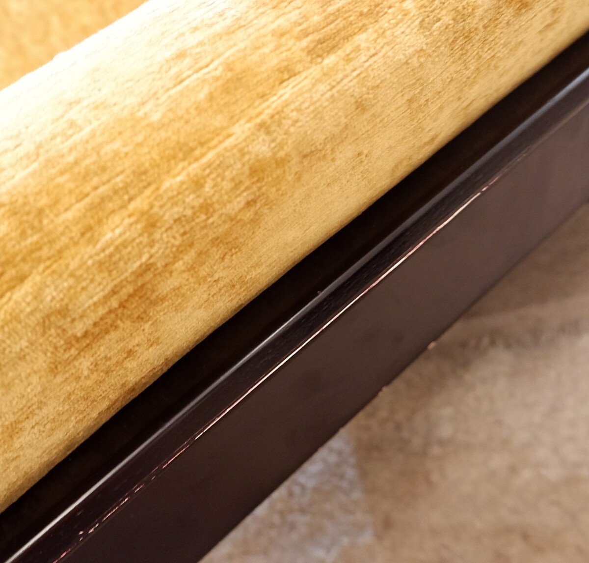 Italian sofa with black lacquered frame and new textured gold velvet upholstery