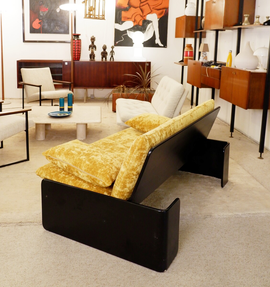 Italian sofa with black lacquered frame and new textured gold velvet upholstery