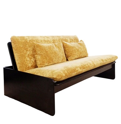 Italian sofa with black lacquered frame and new textured gold velvet upholstery