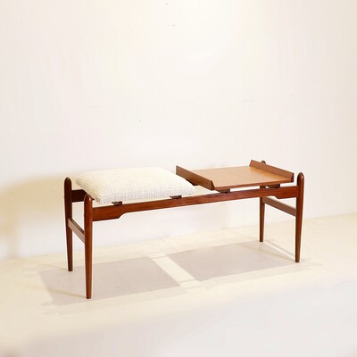 Italian vintage bench with a wooden part and a boucle seat, 1960s
