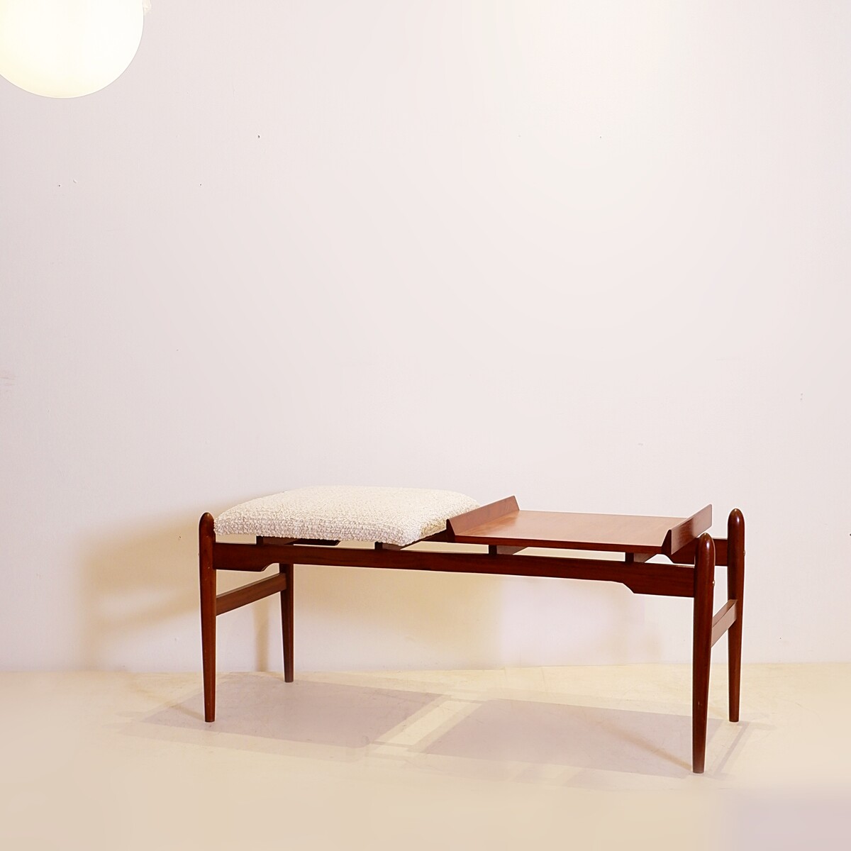 Italian vintage bench with a wooden part and a boucle seat, 1960s