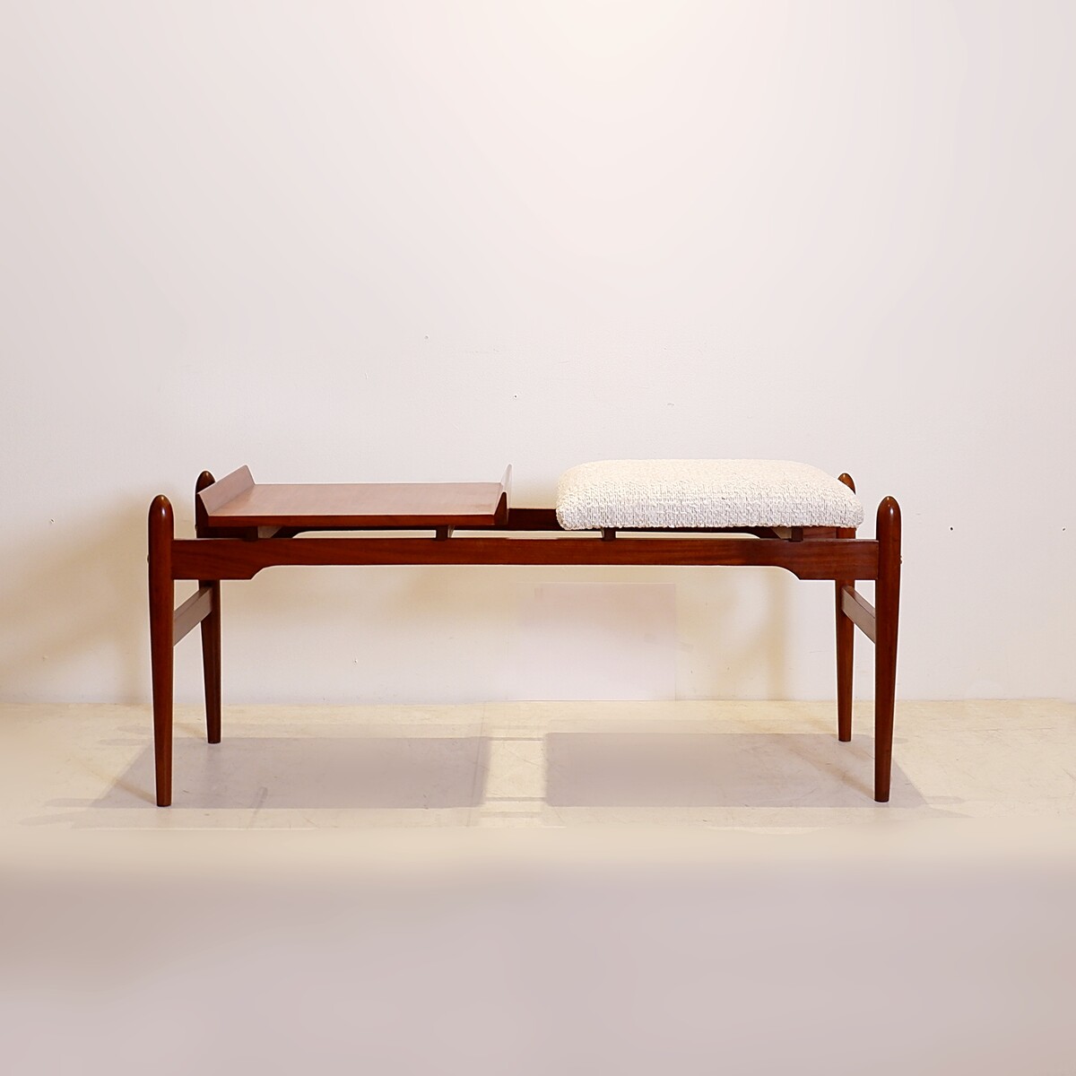 Italian vintage bench with a wooden part and a boucle seat, 1960s