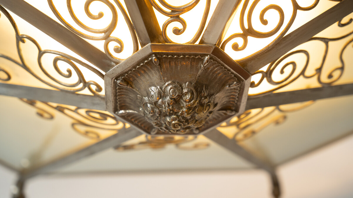 Large Art Deco Ceiling light, Glass and Metal, 1930s