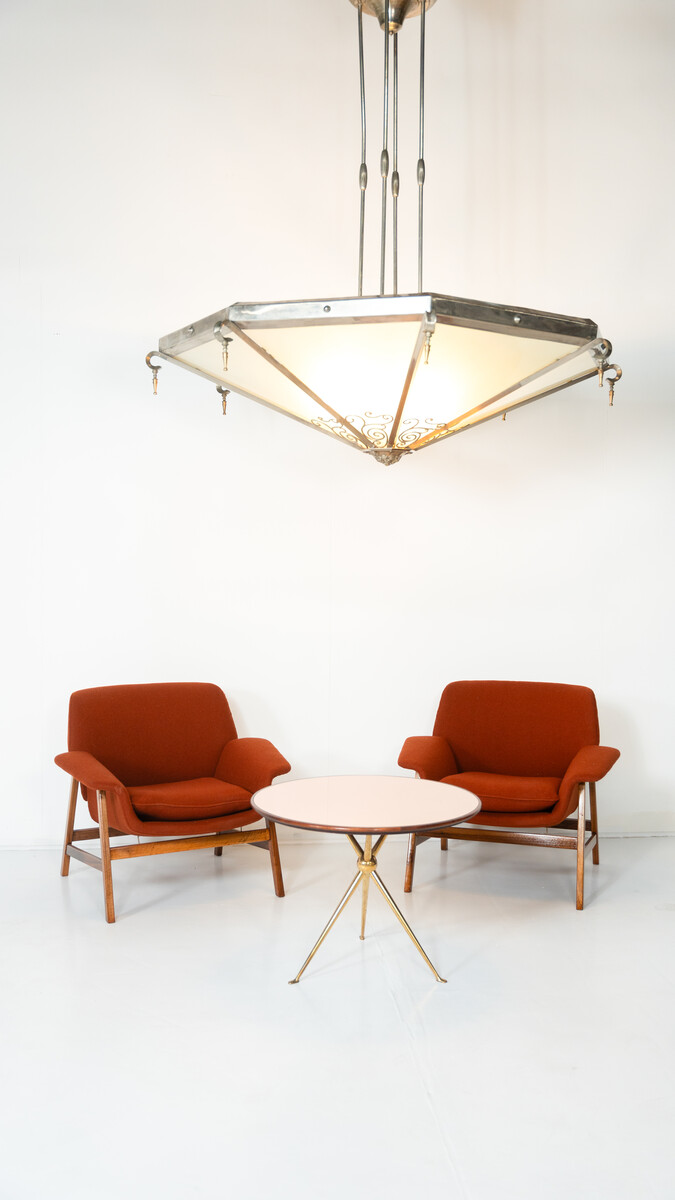 Large Art Deco Ceiling light, Glass and Metal, 1930s