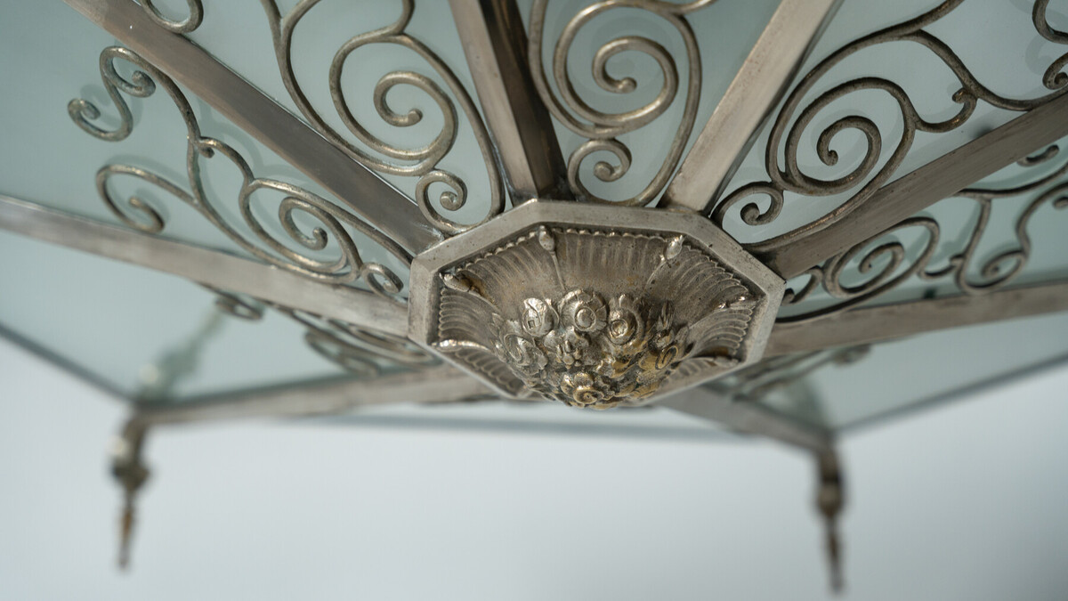 Large Art Deco Ceiling light, Glass and Metal, 1930s