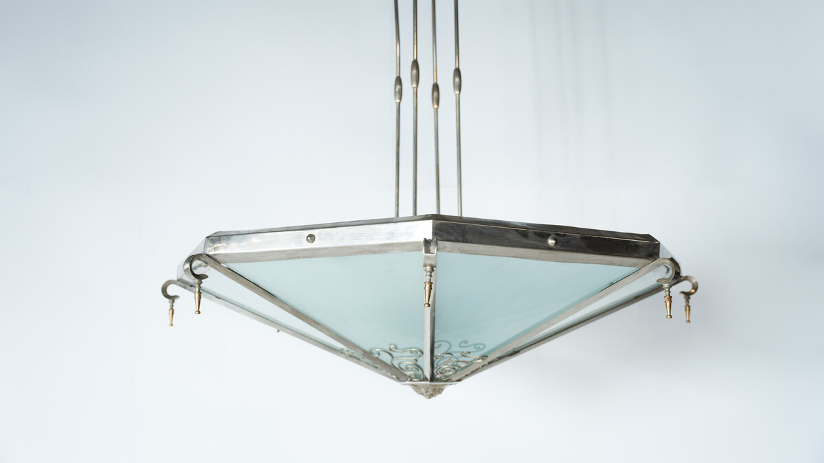 Large Art Deco Ceiling light, Glass and Metal, 1930s