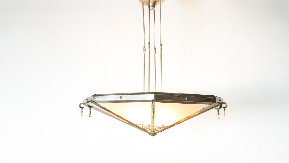 Large Art Deco Ceiling light, Glass and Metal, 1930s