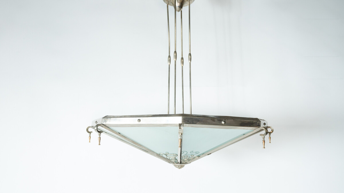 Large Art Deco Ceiling light, Glass and Metal, 1930s