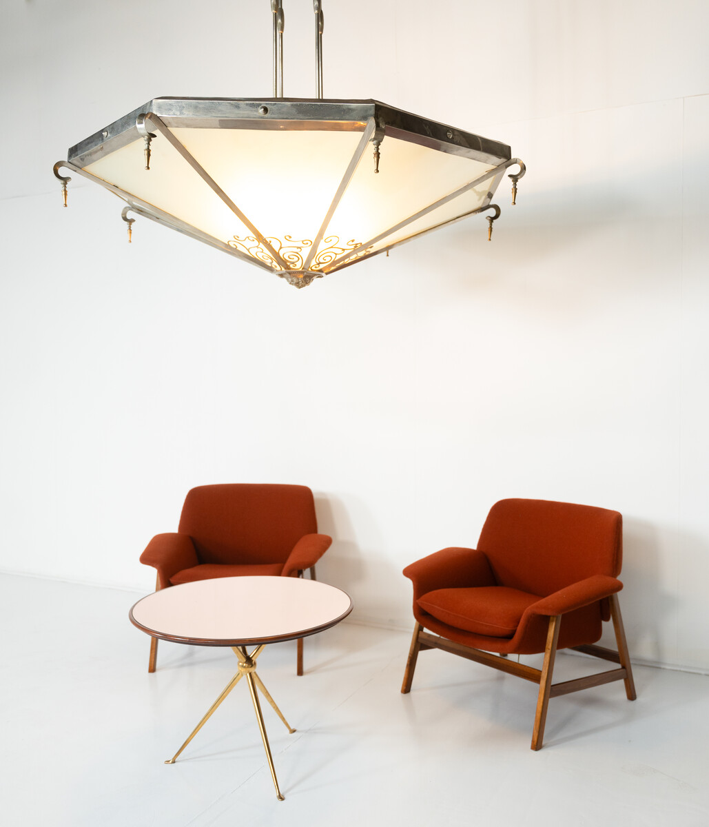 Large Art Deco Ceiling light, Glass and Metal, 1930s