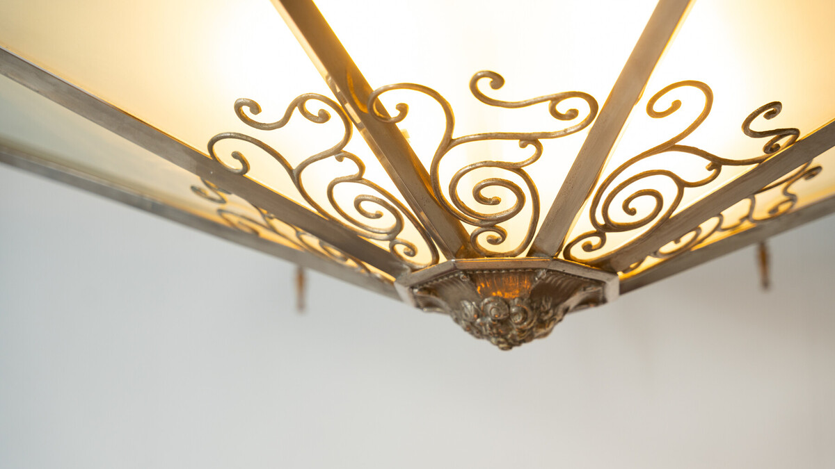 Large Art Deco Ceiling light, Glass and Metal, 1930s