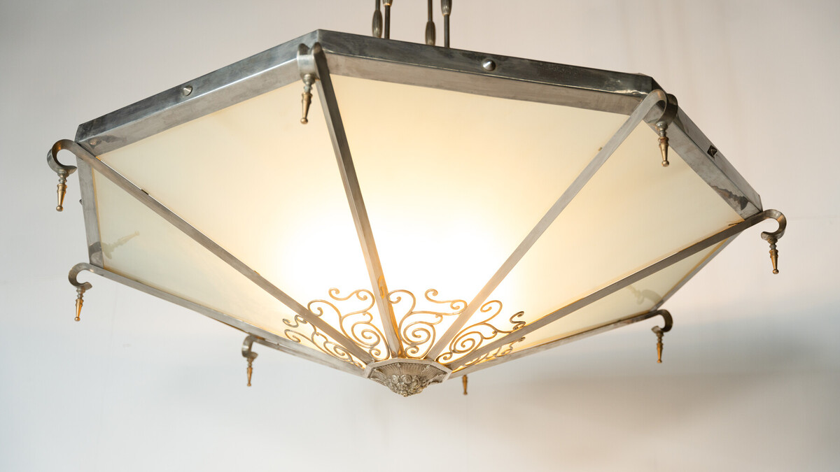 Large Art Deco Ceiling light, Glass and Metal, 1930s