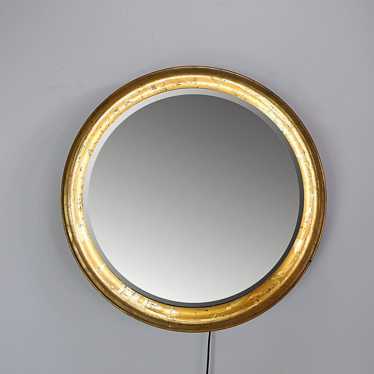 Large round wall light mirror gold leaf - 1960s