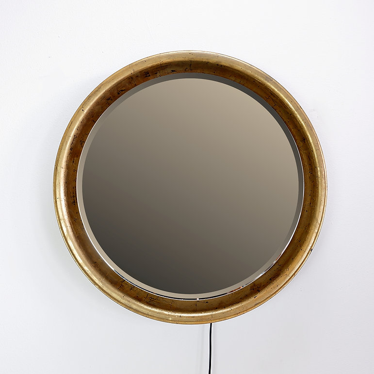 Large round wall light mirror gold leaf - 1960s