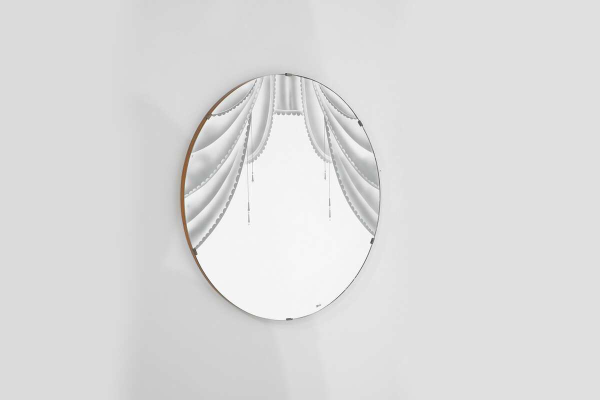 Large Vintage Mirror with silkscreen, from 1950s.