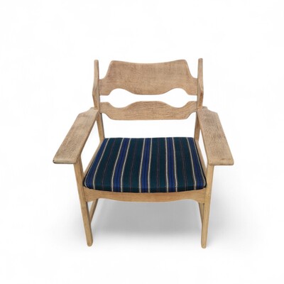 Light oak ‘razor blade’ armchair by Henning Kjaernulf, original Danish woollen fabric. Restored and cleaned.