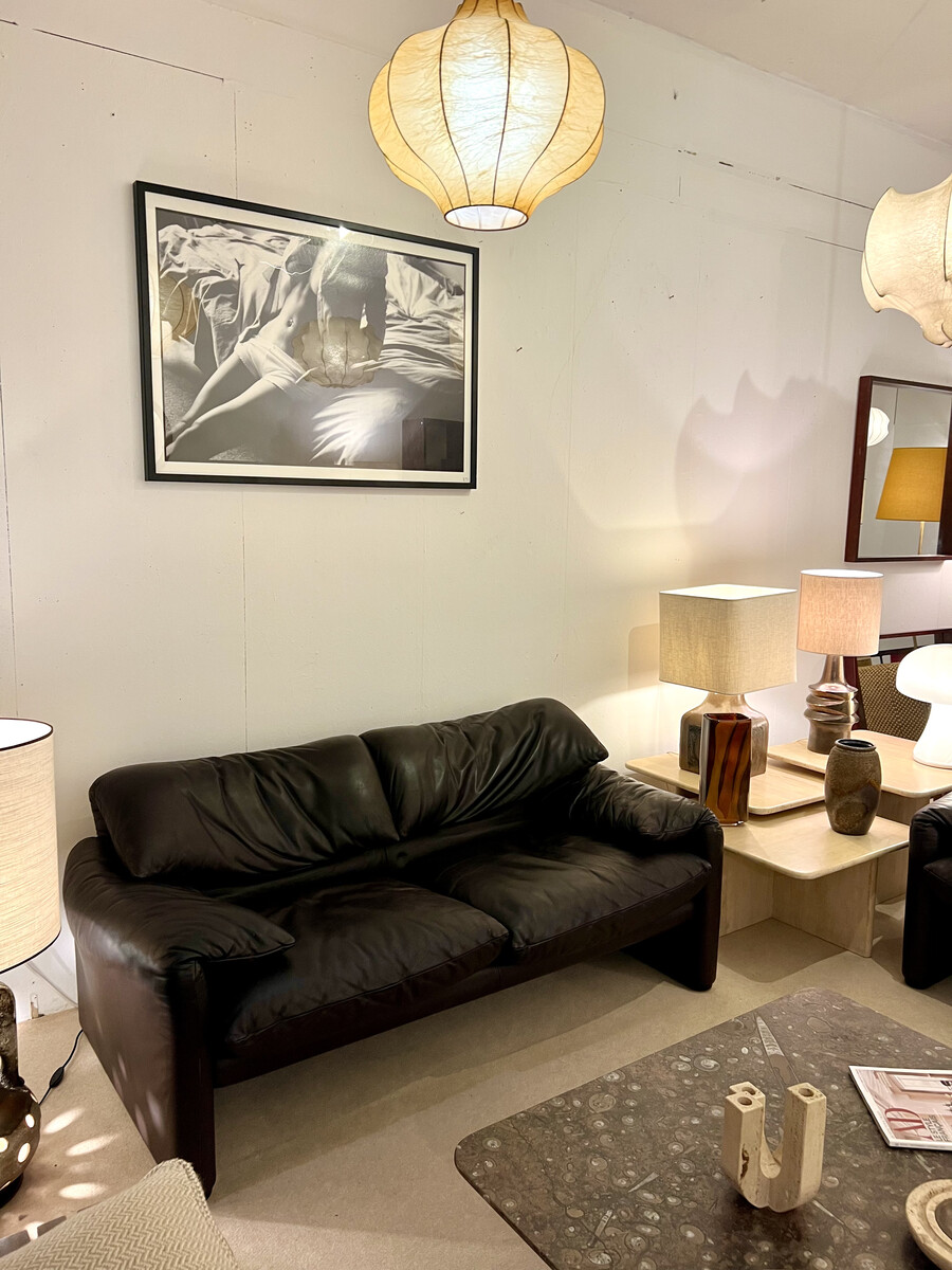 Maralunga Sofa by Vico Magistretti for Cassina, Brown Leather, 1973 - 2 available