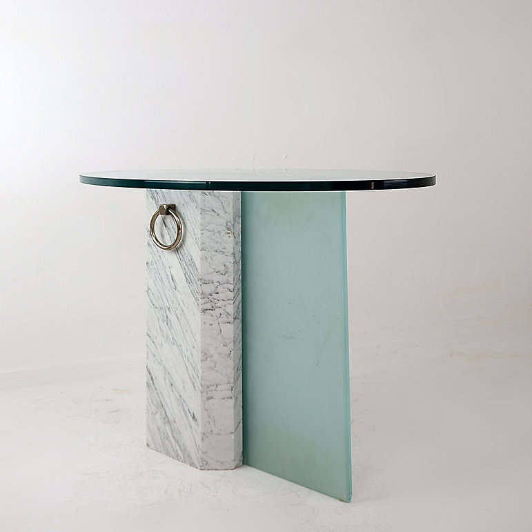 Marble and sandblasted glass side table - Oval Glass top - 1980s