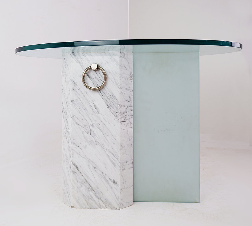 Marble and sandblasted glass side table - Oval Glass top - 1980s