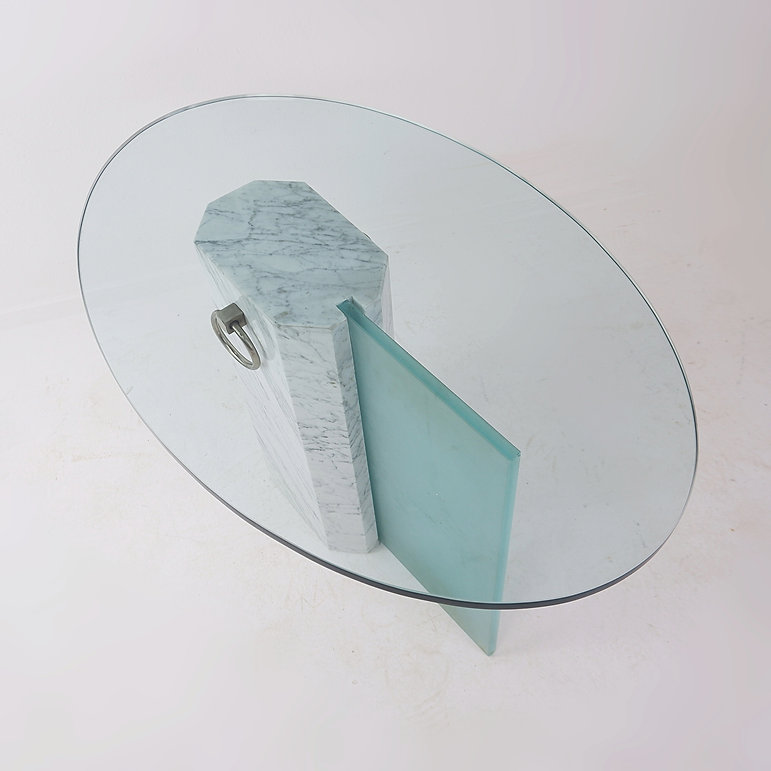 Marble and sandblasted glass side table - Oval Glass top - 1980s