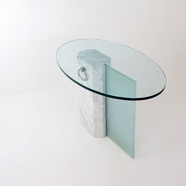 Marble and sandblasted glass side table - Oval Glass top - 1980s