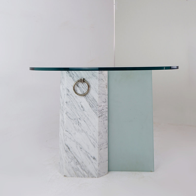 Marble and sandblasted glass side table - Oval Glass top - 1980s