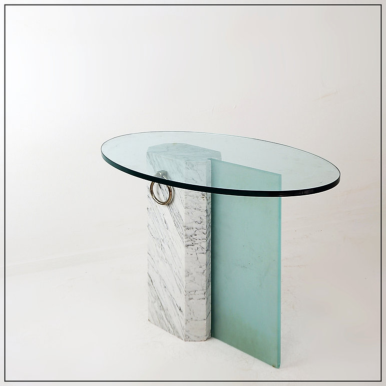 Marble and sandblasted glass side table - Oval Glass top - 1980s