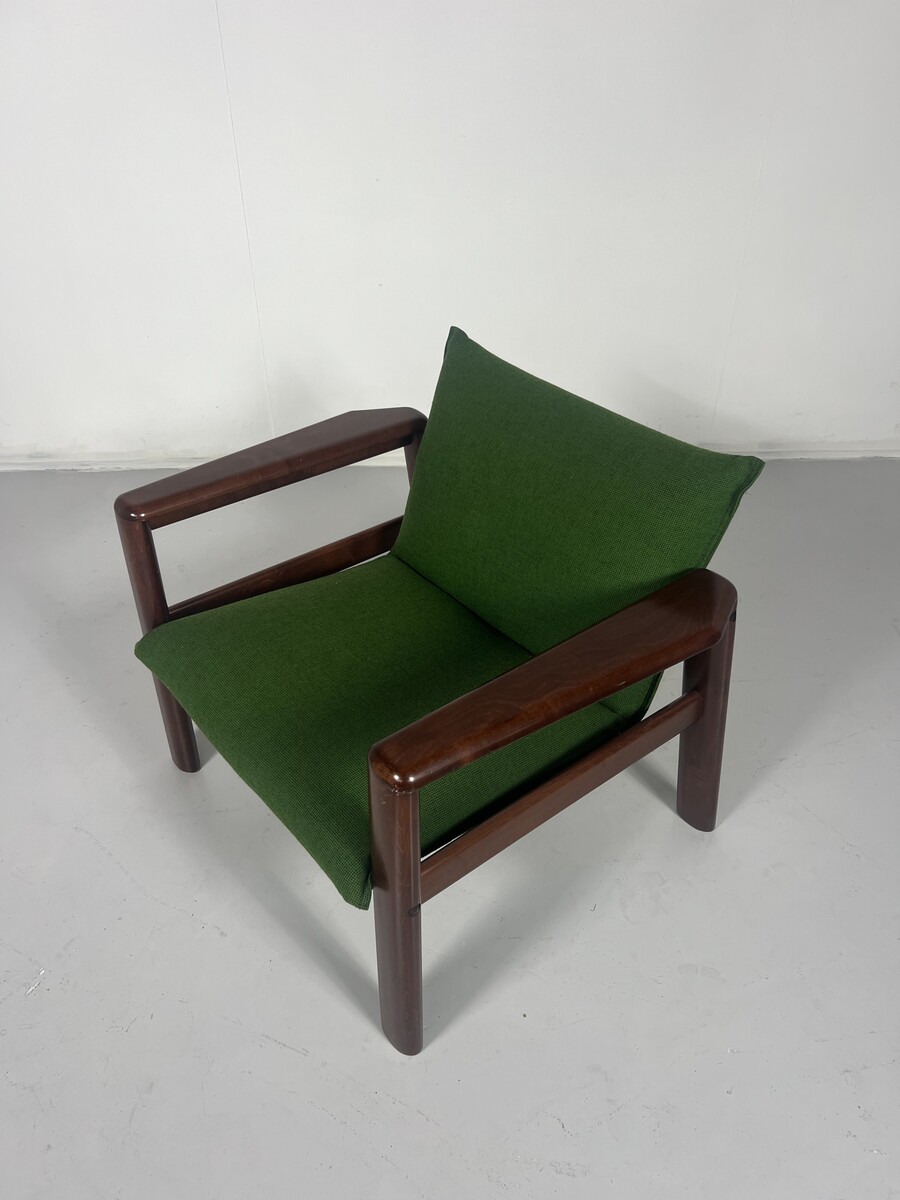 Mid-Century Armchair, Green Fabric & Wood, Italy, 1960