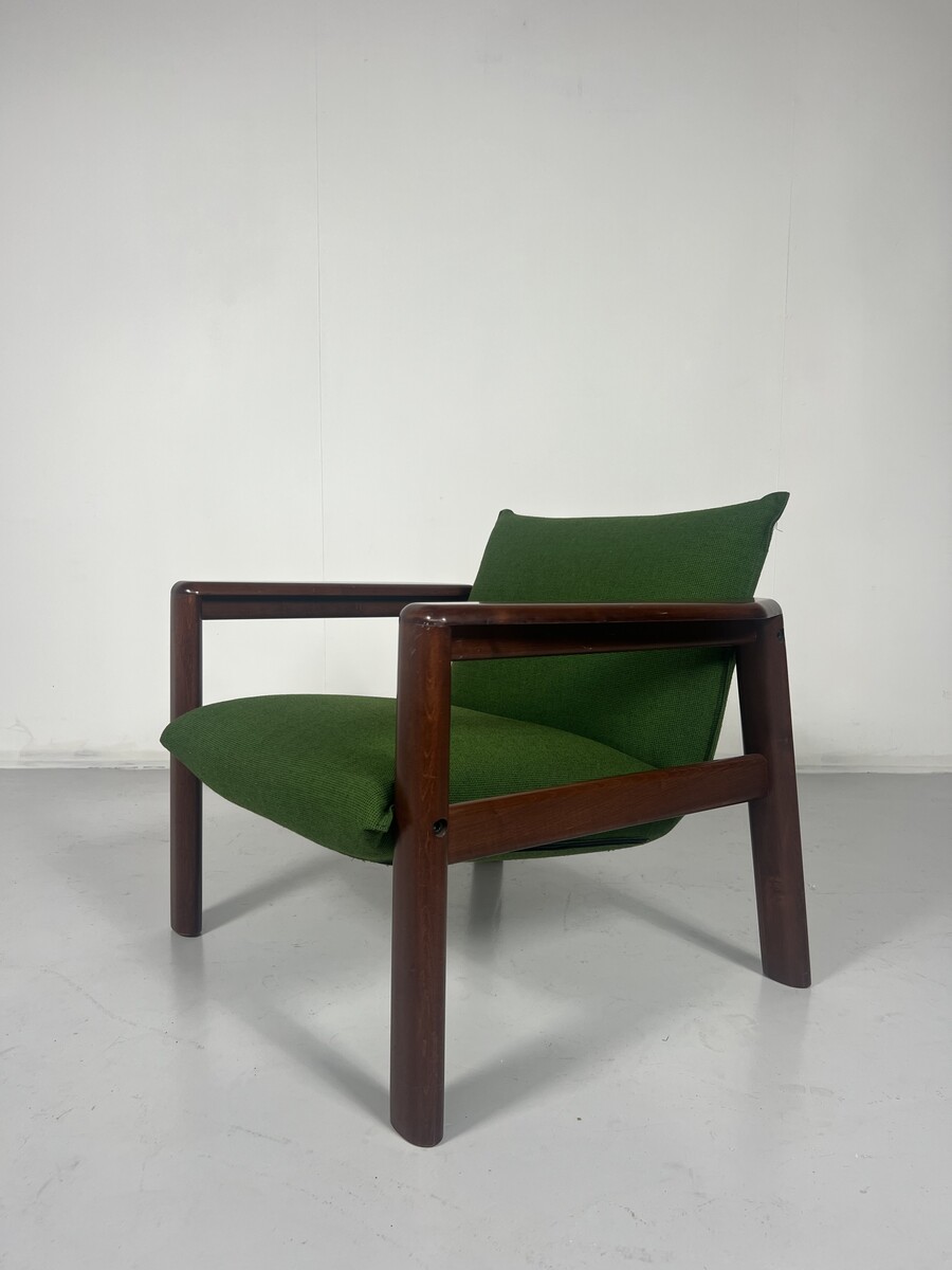 Mid-Century Armchair, Green Fabric & Wood, Italy, 1960