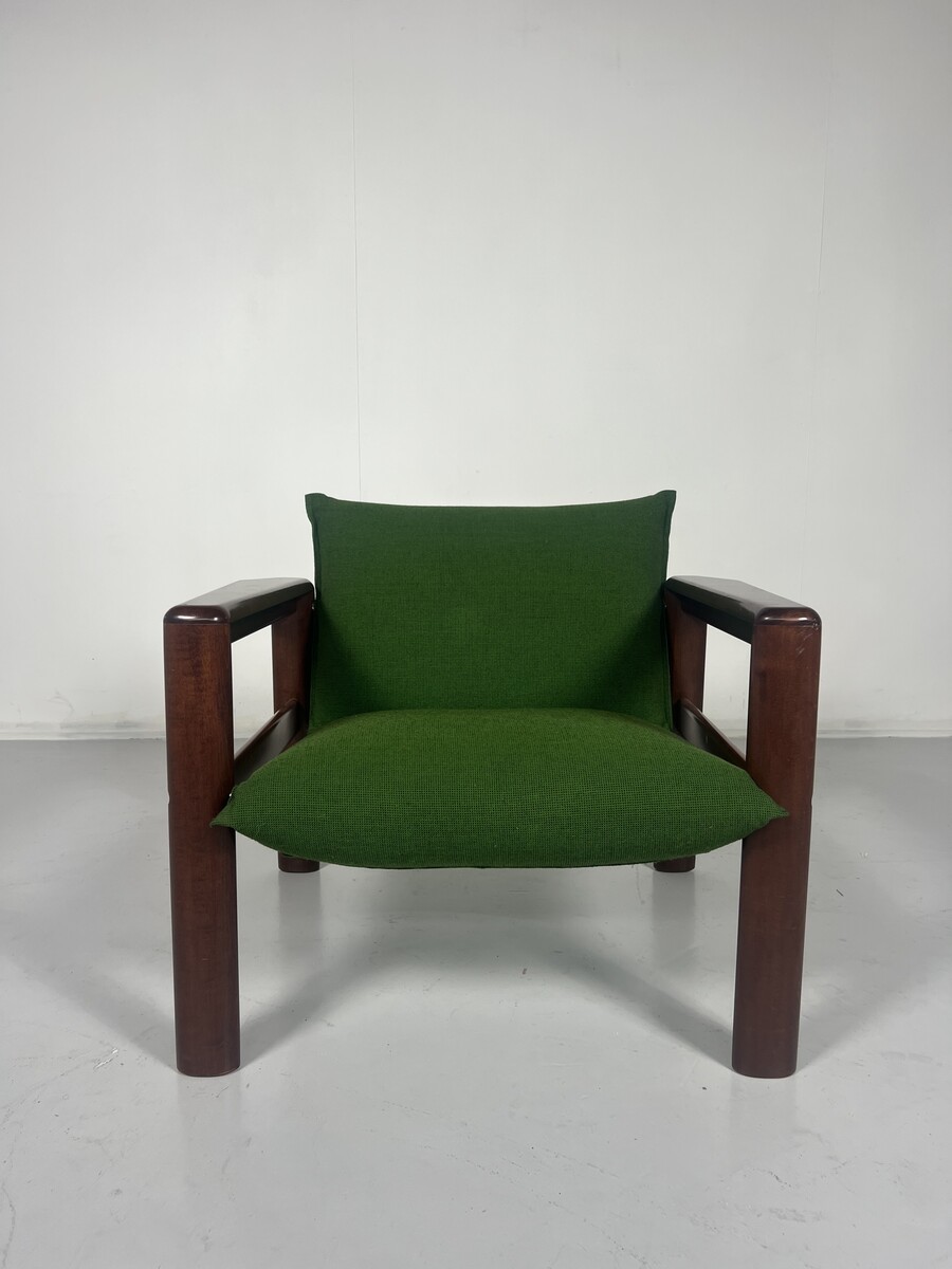 Mid-Century Armchair, Green Fabric & Wood, Italy, 1960