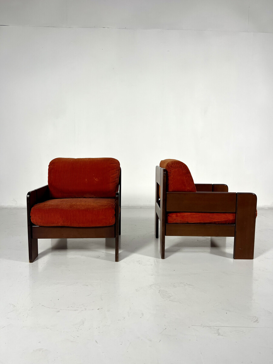 Mid-Century Armchairs, Original Orange Velvet, Italy, 1970s