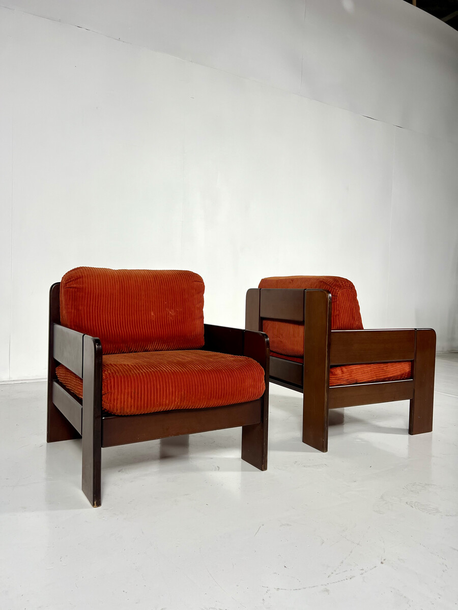 Mid-Century Armchairs, Original Orange Velvet, Italy, 1970s
