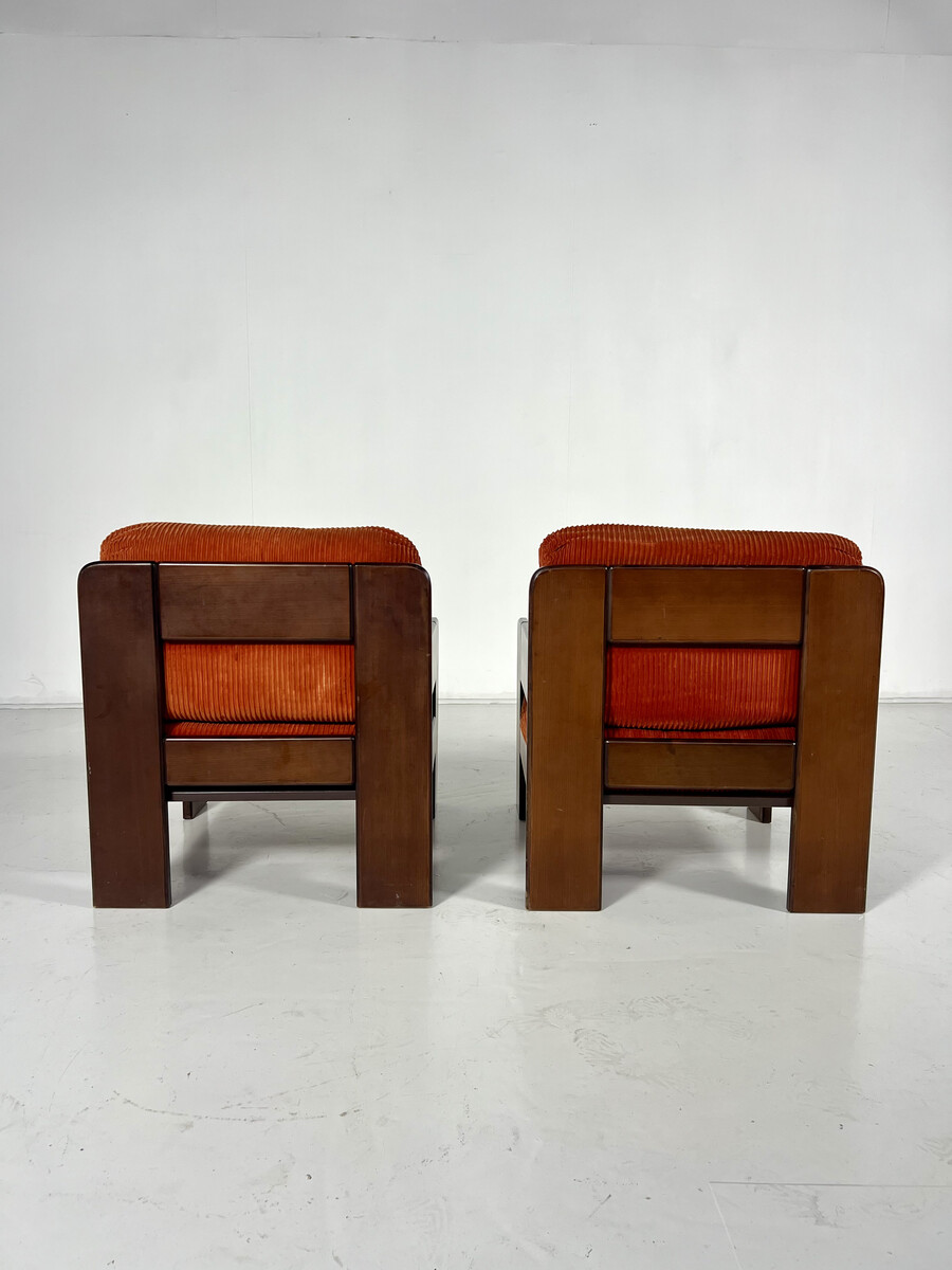 Mid-Century Armchairs, Original Orange Velvet, Italy, 1970s