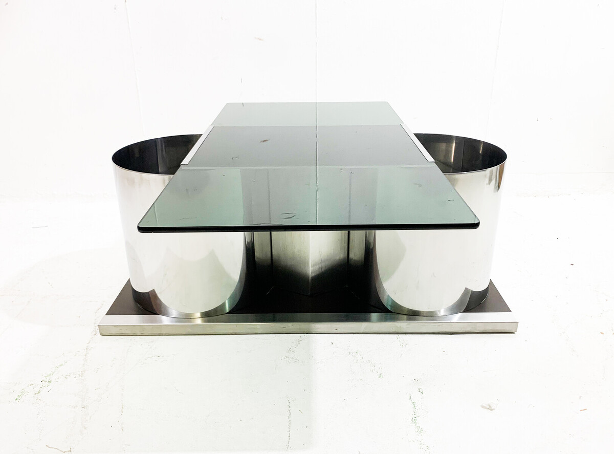 Mid-century chrome and smoked glass modulable cocktail coffee table - Italy 1970s