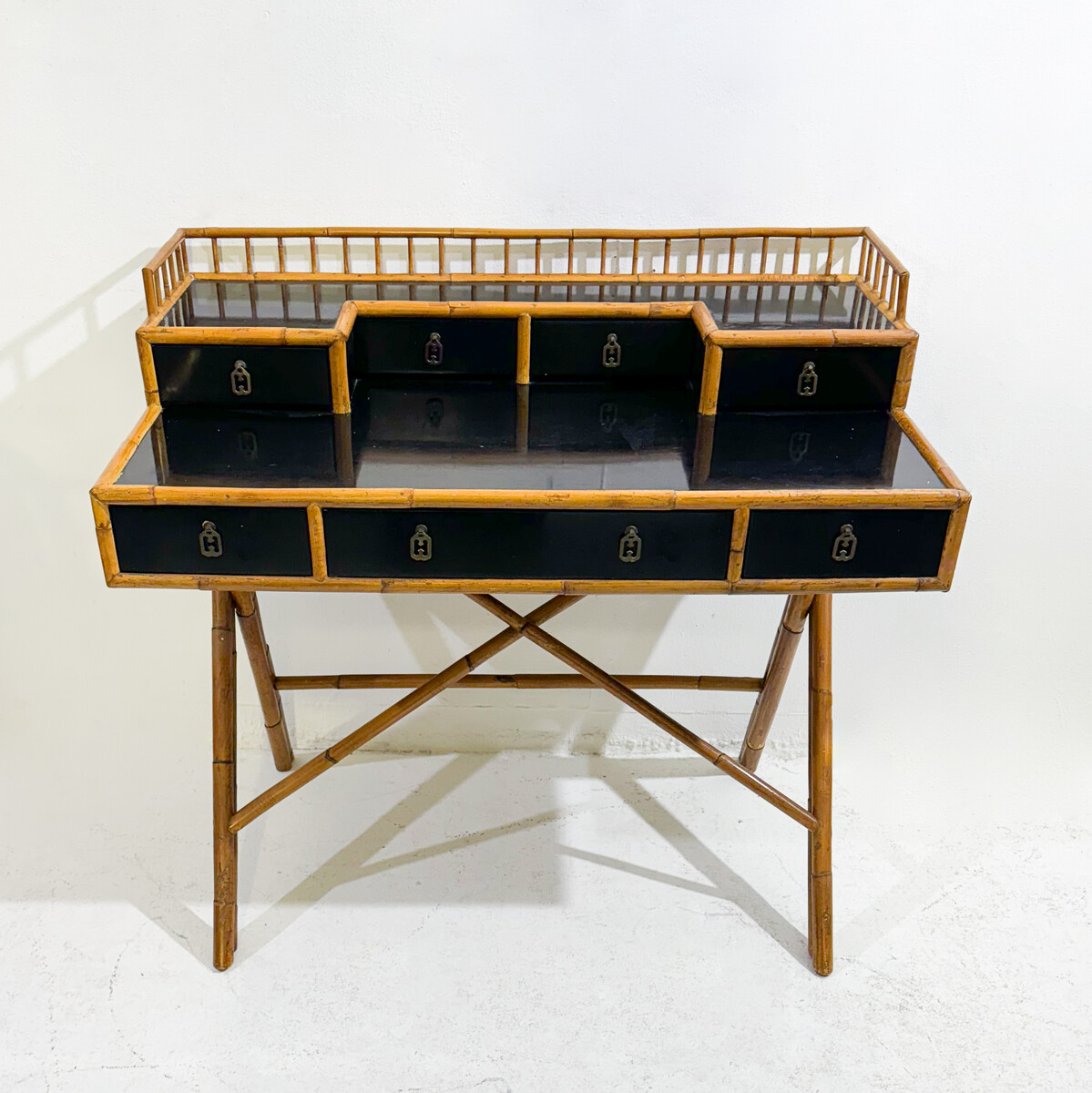 Mid-Century Desk Bamboo and Black Lacquer by E. Murio, 1960s