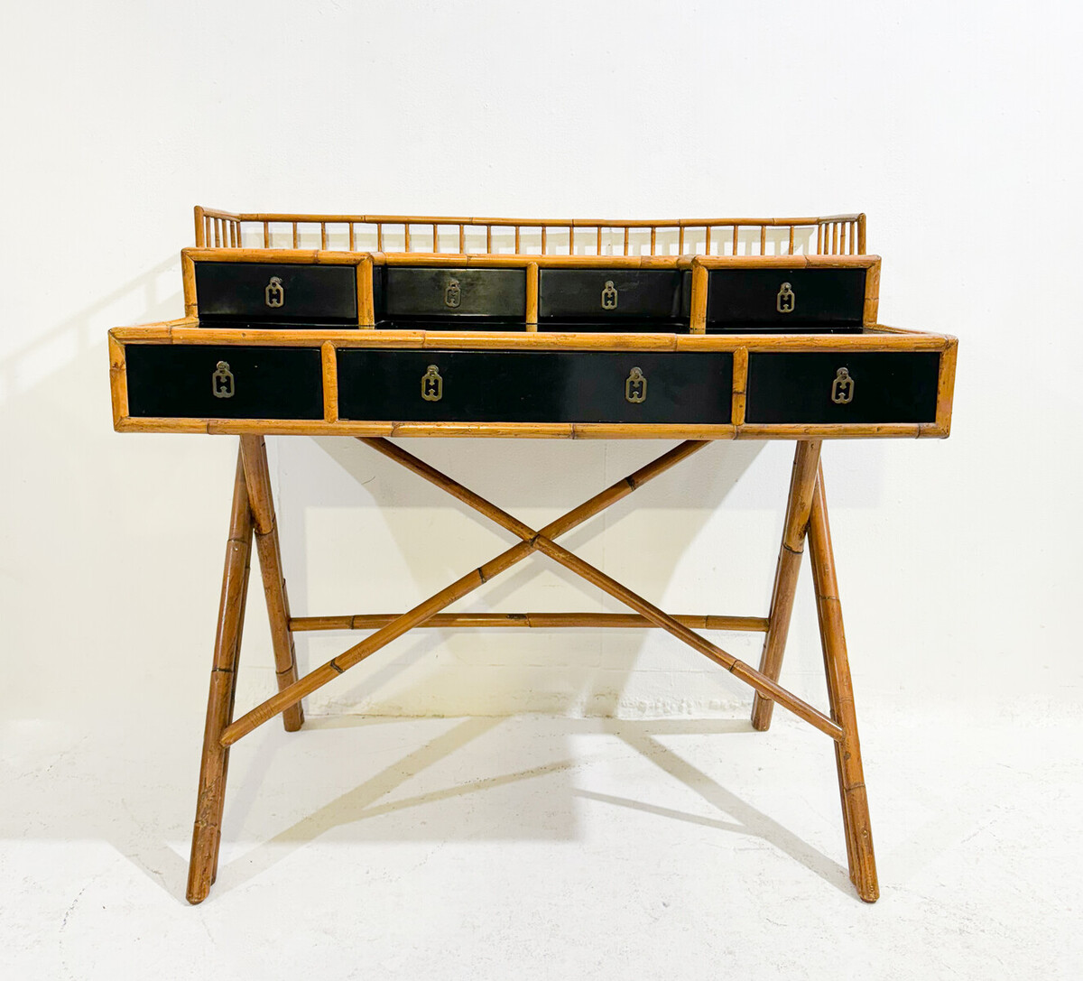 Mid-Century Desk Bamboo and Black Lacquer by E. Murio, 1960s