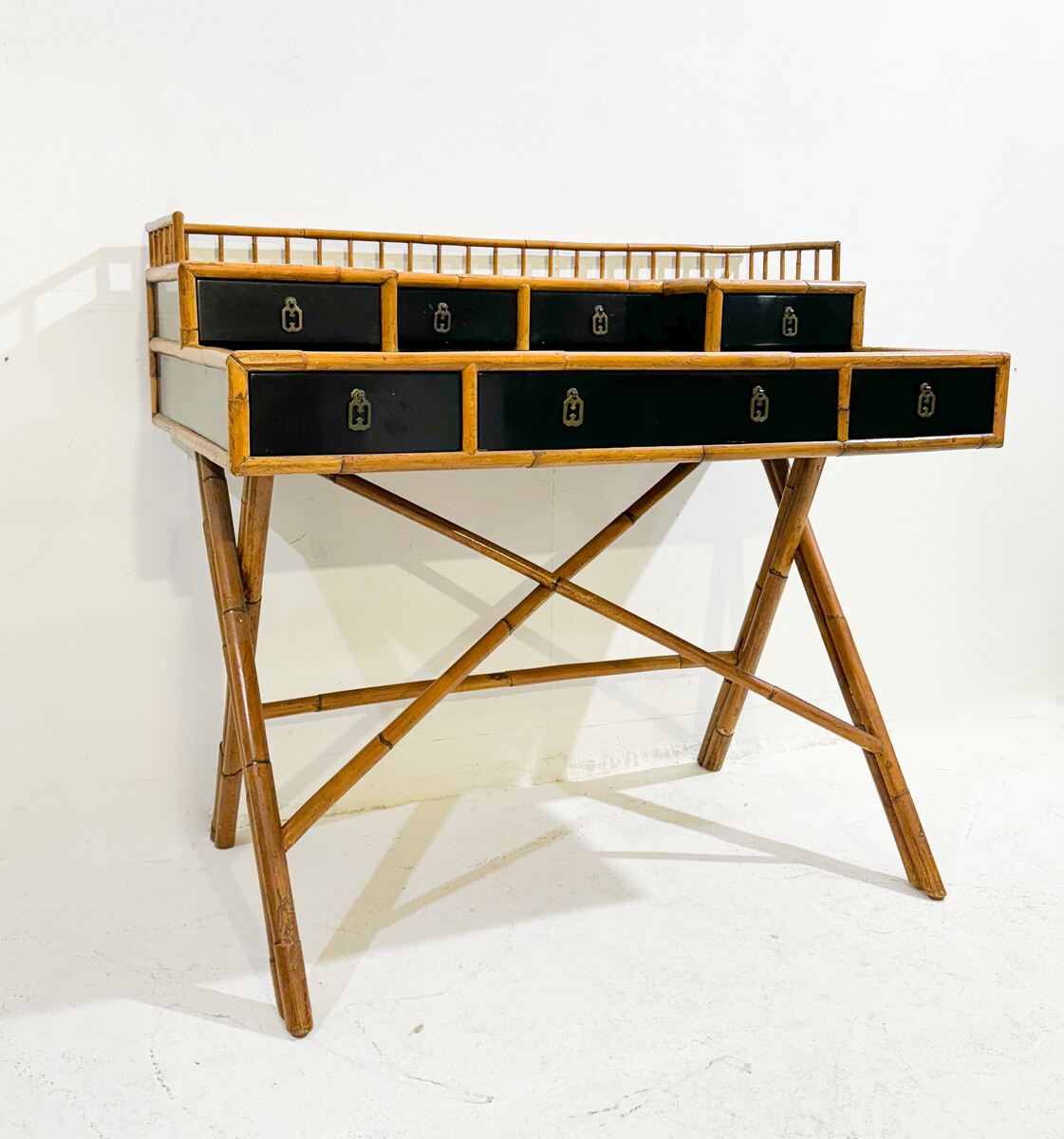 Mid-Century Desk Bamboo and Black Lacquer by E. Murio, 1960s