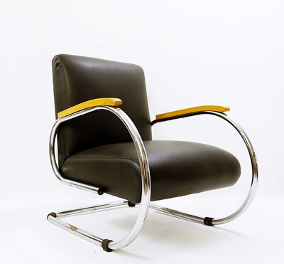 Mid Century Modern Armchair by Tubax - Belgium 1950s - New upholstery in black leatherette