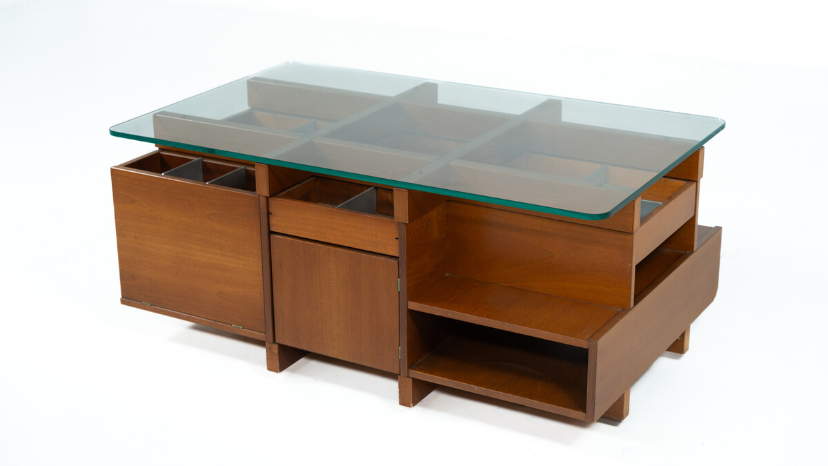 Mid-Century Modern Assymetrical Coffee Table with Compartments, Wood and Glass, Italy, 1970s