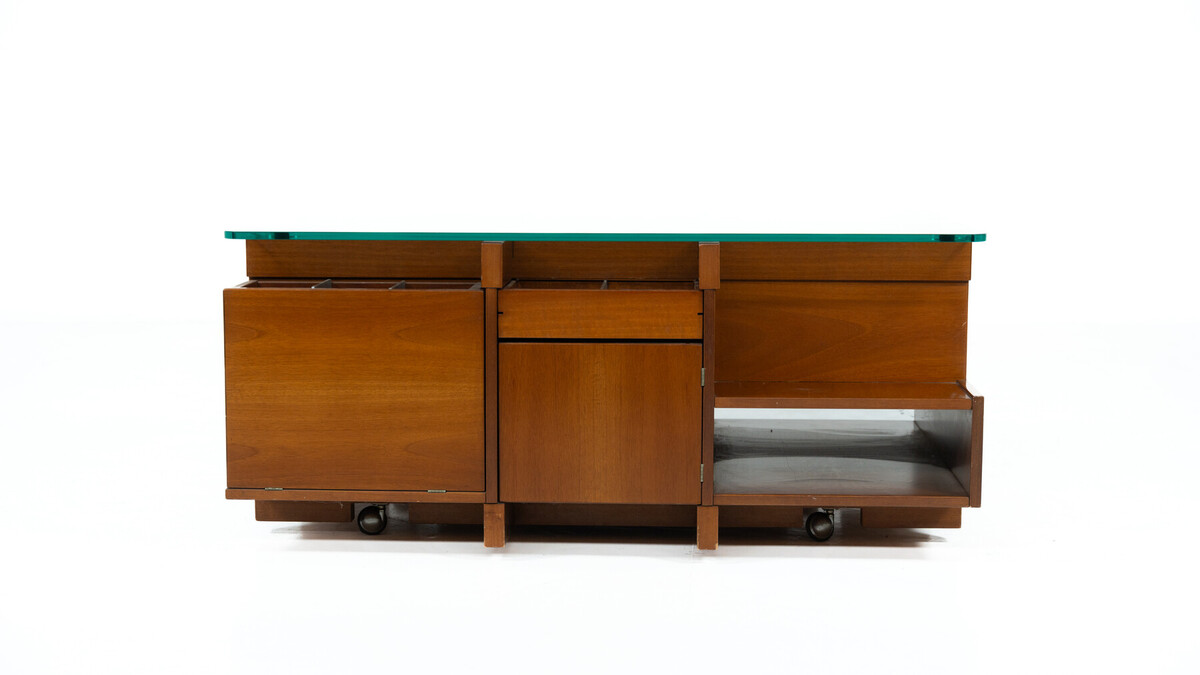 Mid-Century Modern Assymetrical Coffee Table with Compartments, Wood and Glass, Italy, 1970s