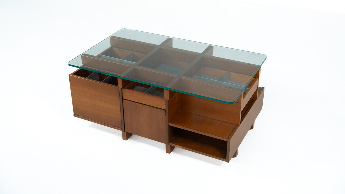 Mid-Century Modern Assymetrical Coffee Table with Compartments, Wood and Glass, Italy, 1970s