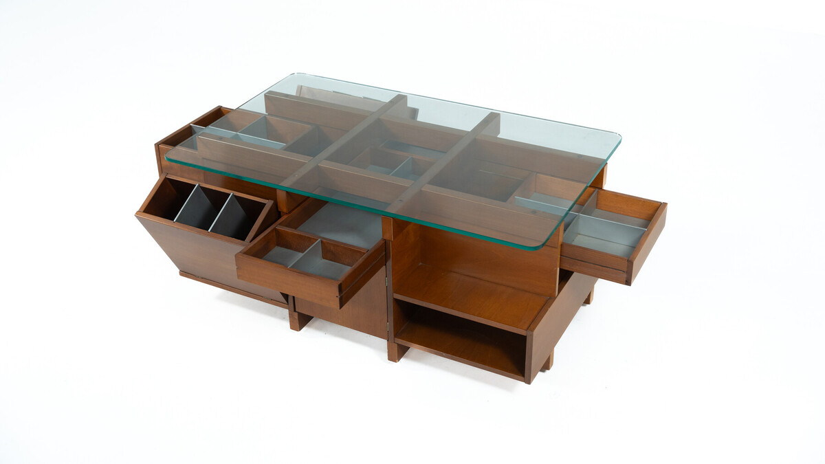 Mid-Century Modern Assymetrical Coffee Table with Compartments, Wood and Glass, Italy, 1970s