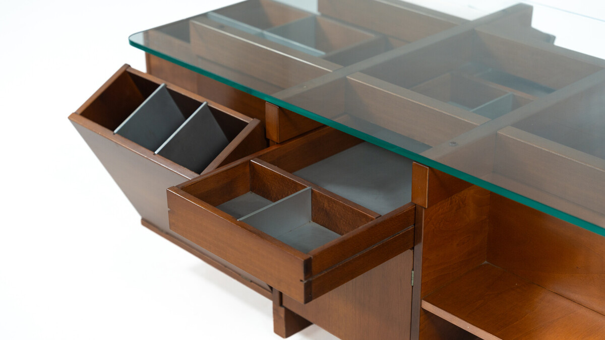 Mid-Century Modern Assymetrical Coffee Table with Compartments, Wood and Glass, Italy, 1970s