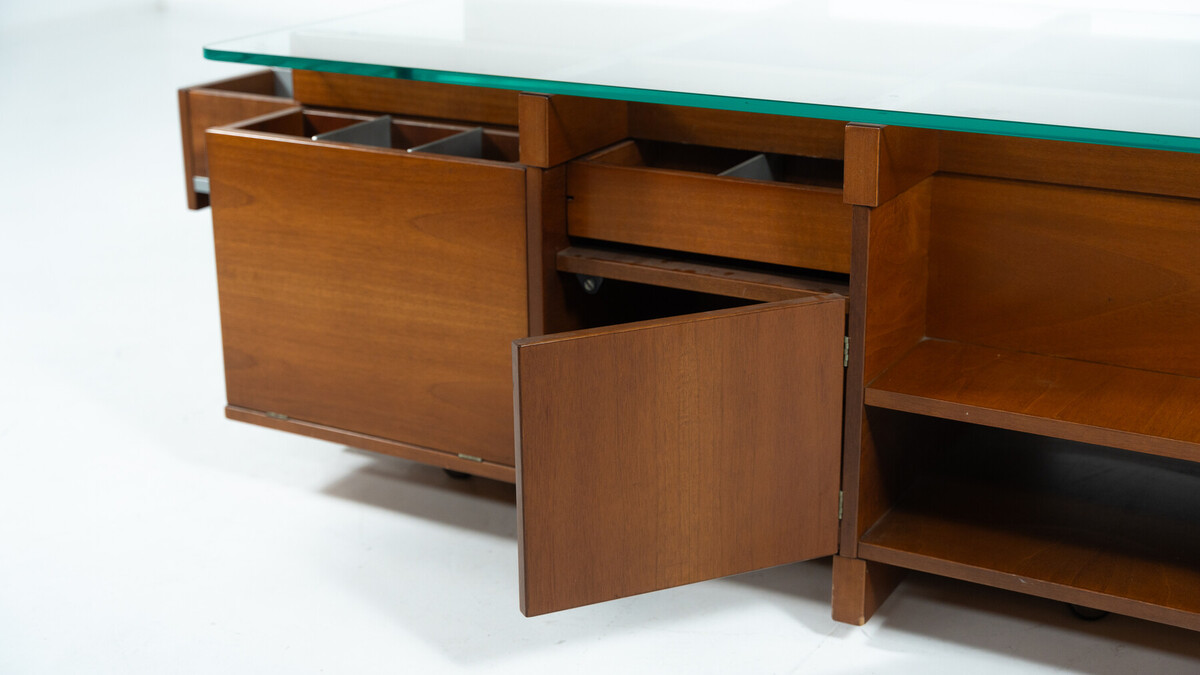 Mid-Century Modern Assymetrical Coffee Table with Compartments, Wood and Glass, Italy, 1970s