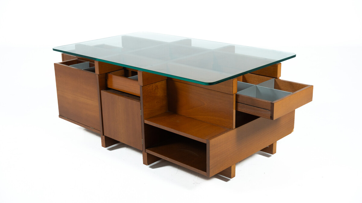Mid-Century Modern Assymetrical Coffee Table with Compartments, Wood and Glass, Italy, 1970s