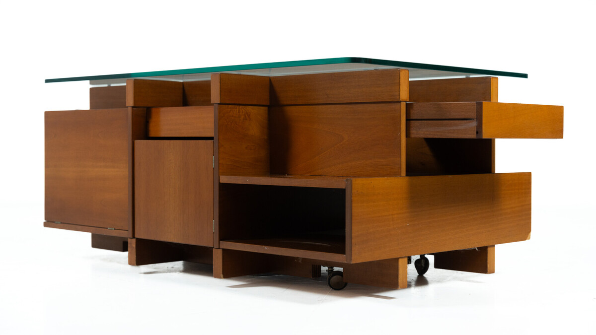 Mid-Century Modern Assymetrical Coffee Table with Compartments, Wood and Glass, Italy, 1970s