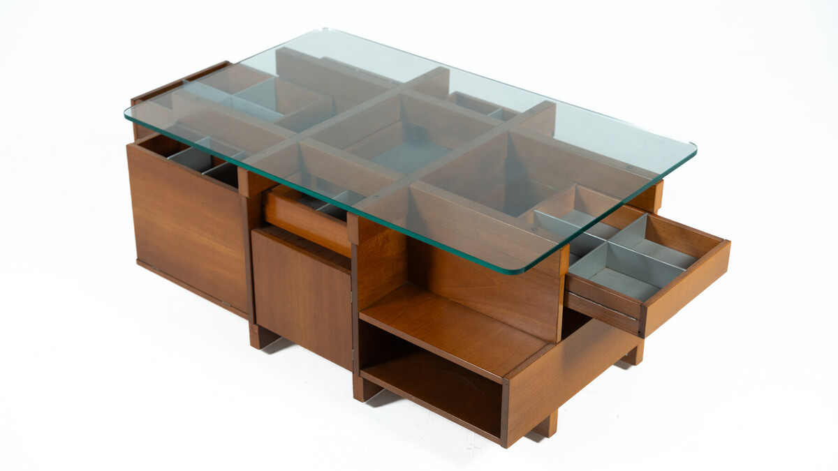 Mid-Century Modern Assymetrical Coffee Table with Compartments, Wood and Glass, Italy, 1970s