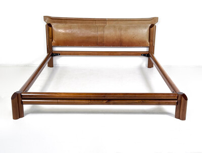 Mid-Century Modern Bed, Wood and Leather, Italy