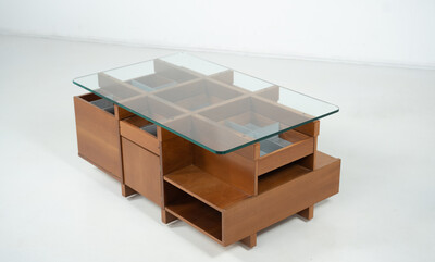 Mid-Century Modern Coffee Table with Compartments, Wood and Glass, Italy, 1970s