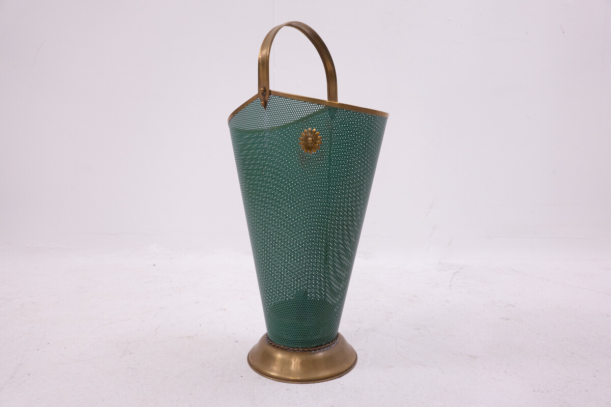 Mid-Century Modern Green Metal and Brass Umbrella Stand - Italy 1950s